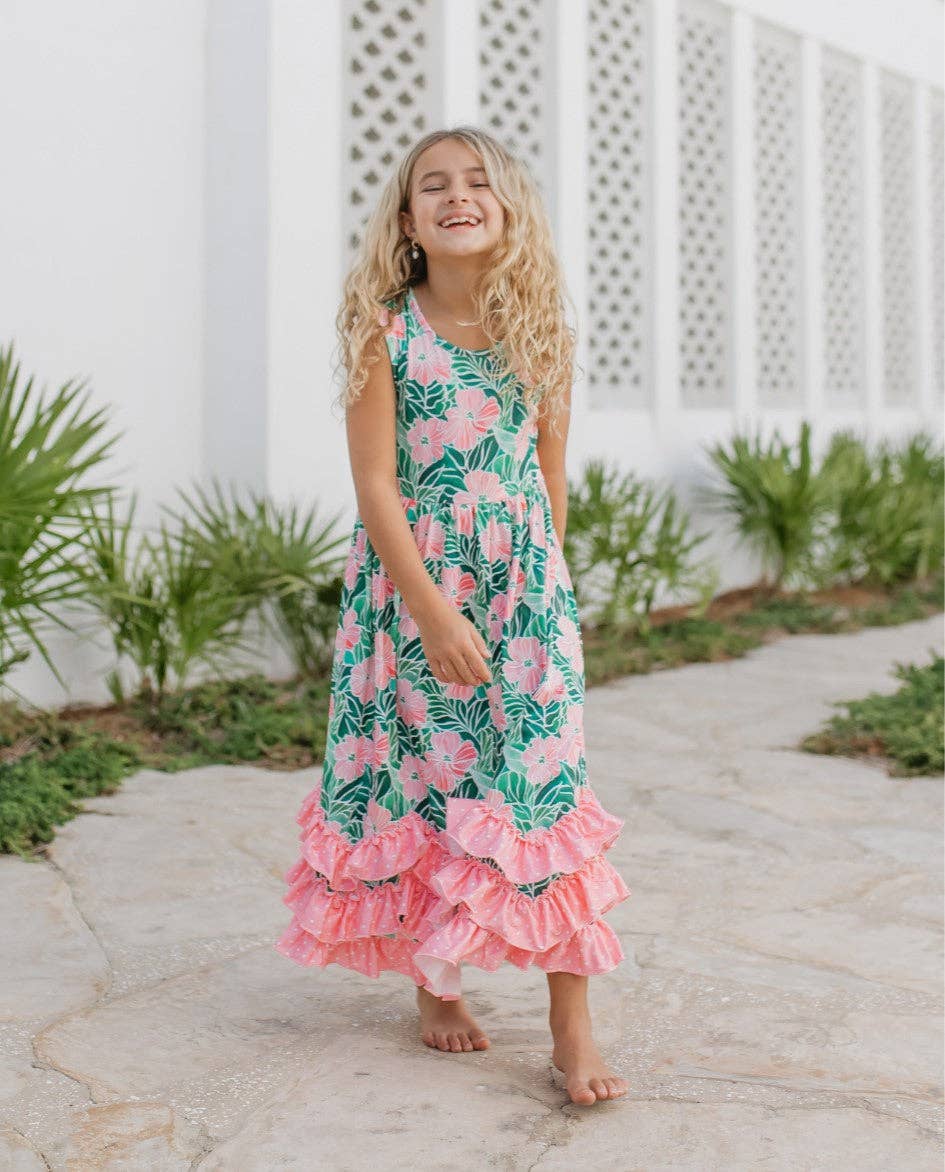 Girls 3 Tiered Pink Green Tropical Spring Ruffles Dress