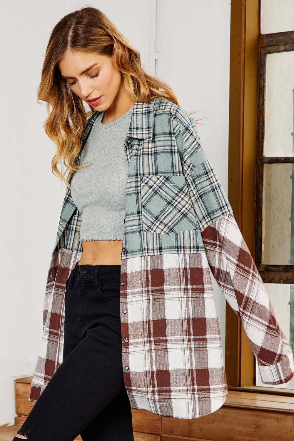 Mixed Plaid Button Down Oversized Shirt