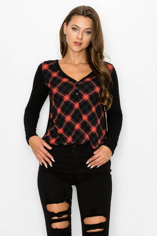 Plaid Back Detail Long Sleeve V Neck Top