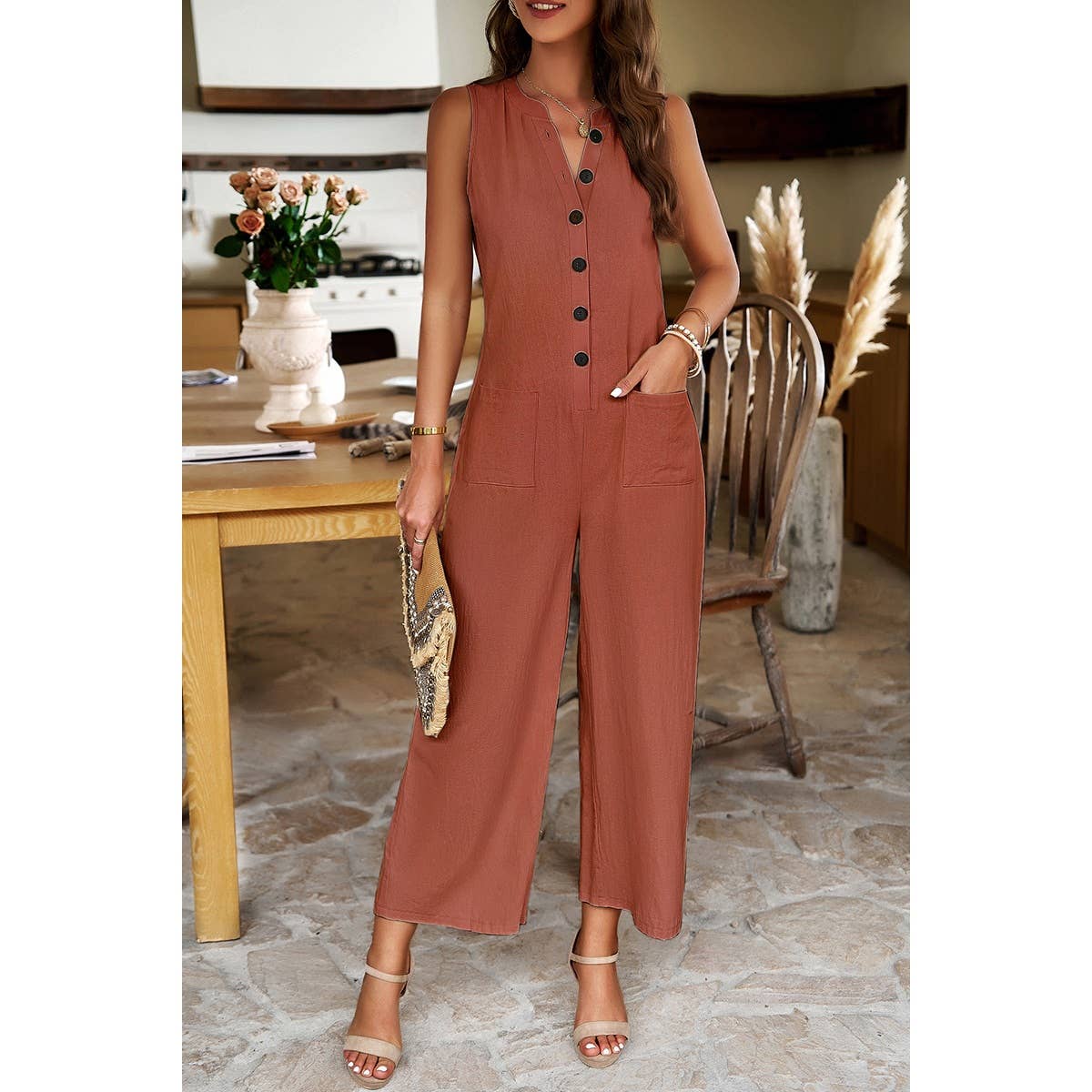 Pockets Button Tirm Wide Leg Sleeveless Jumpsuit