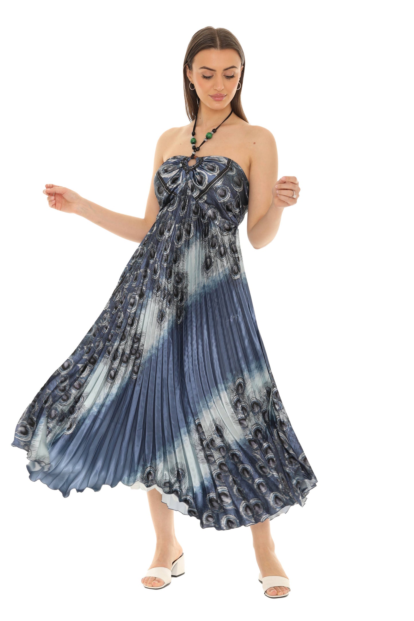Peacock Pleated Maxi Halter Dress