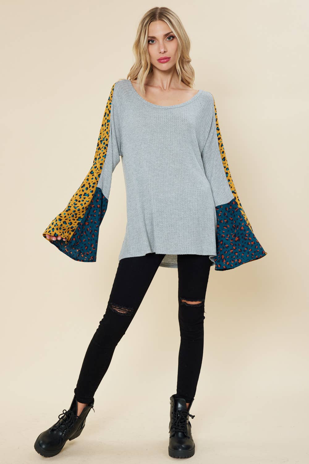 Bell sleeve top with color contrast leopard print