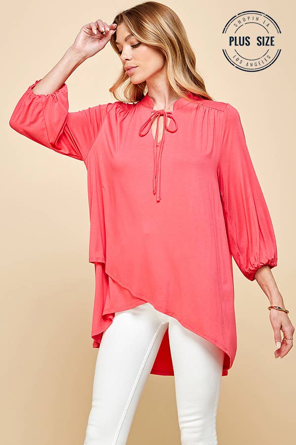 Plus Solid Collar Band Wrap Top With Tie