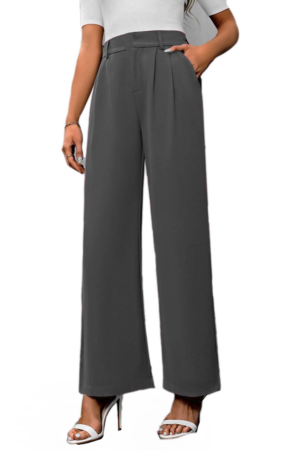 Solid color formal office pull on dressy pants with pockets