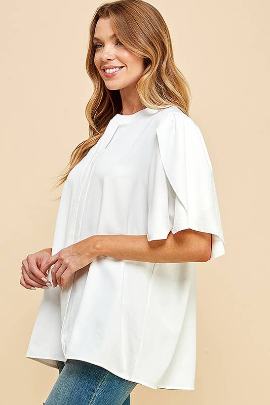 Solid Petal Flutter Sleeve Loose Blouse