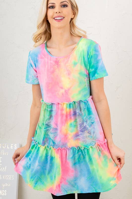 Multi Color Tie Dye Dress with Ruffled Detail