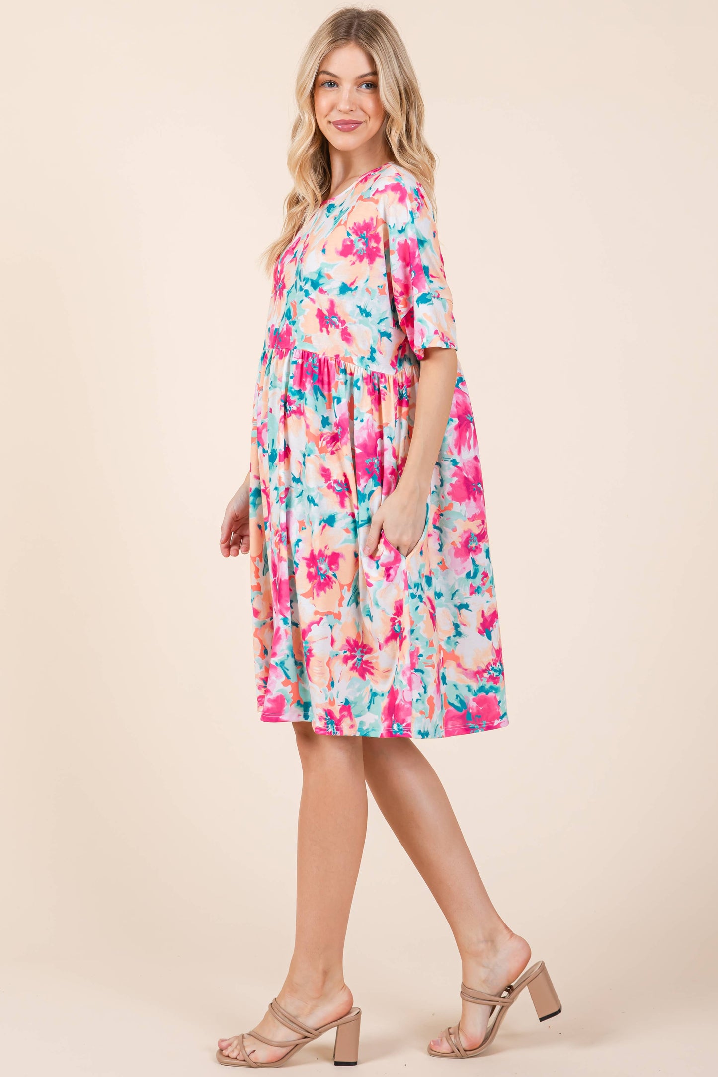 Mint-Fuschia Shirred Dress