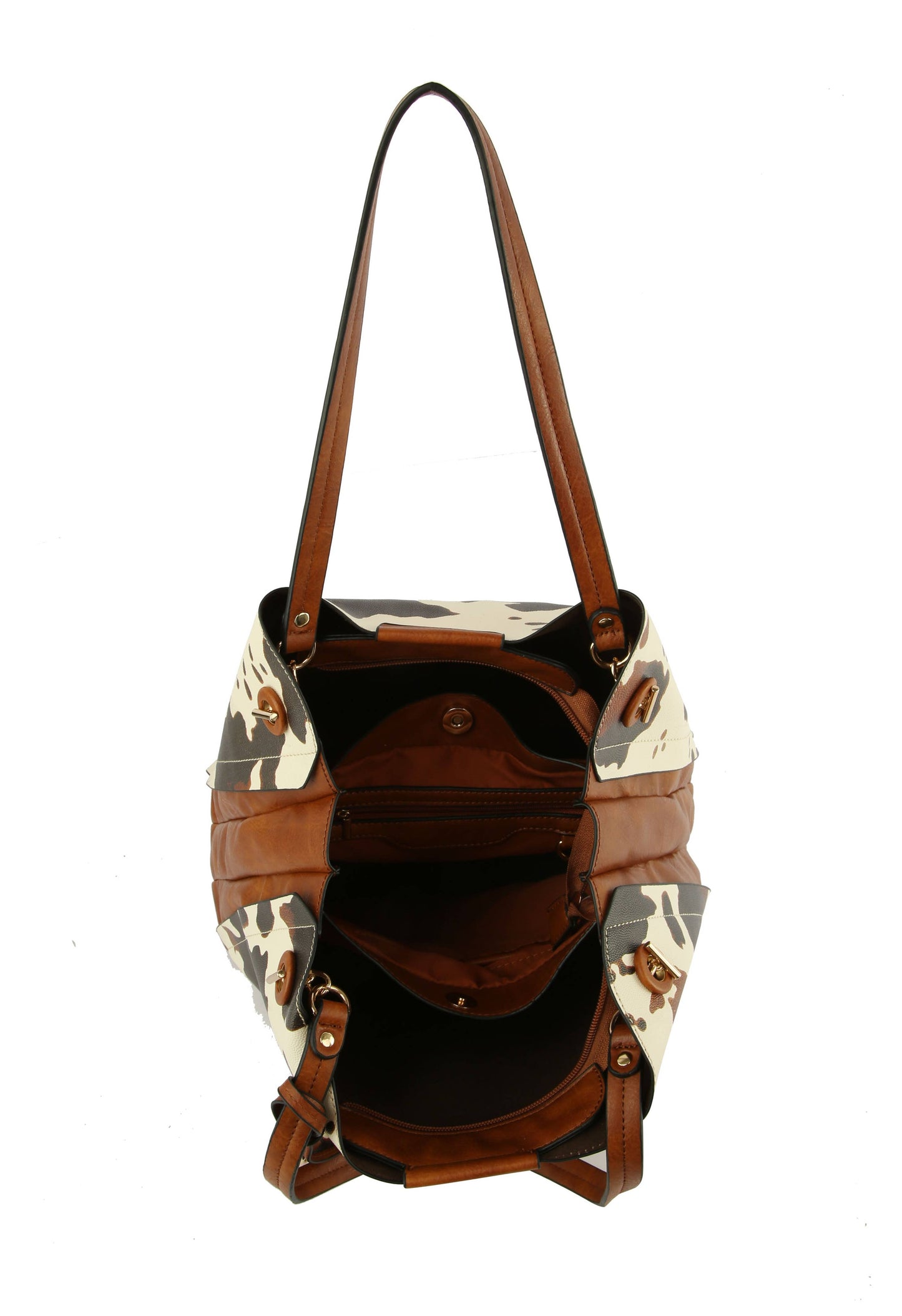 Cow Print Satchel Tossel Handbag: BLACK
