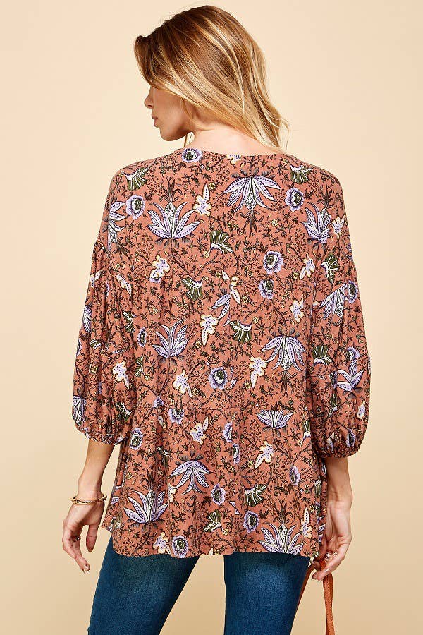 Vintage Floral Print Long Sleeve Top w/Elastic