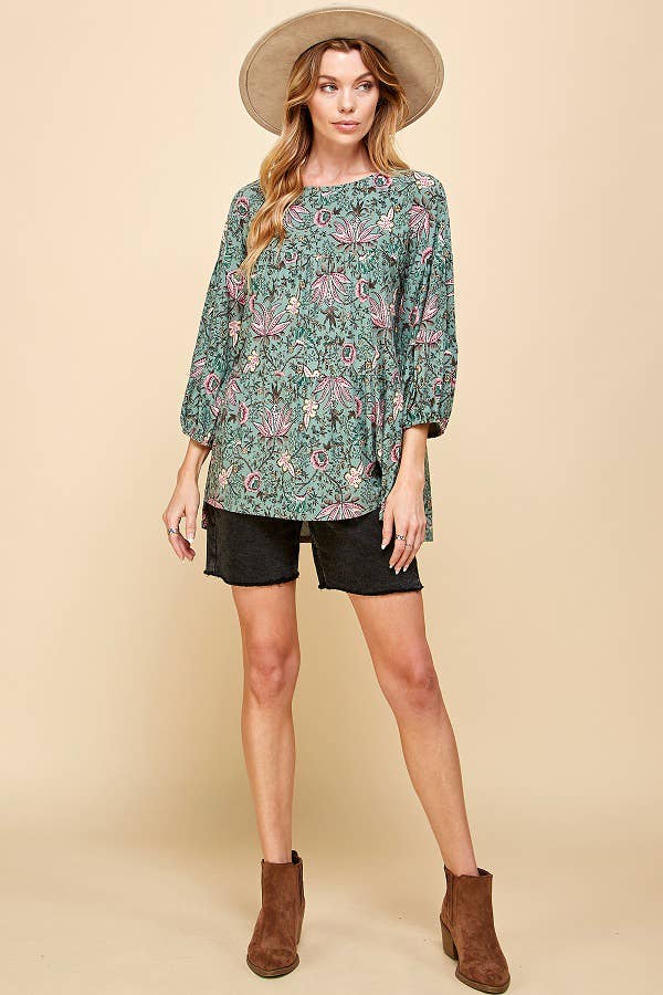 Vintage Floral Print Long Sleeve Top w/Elastic