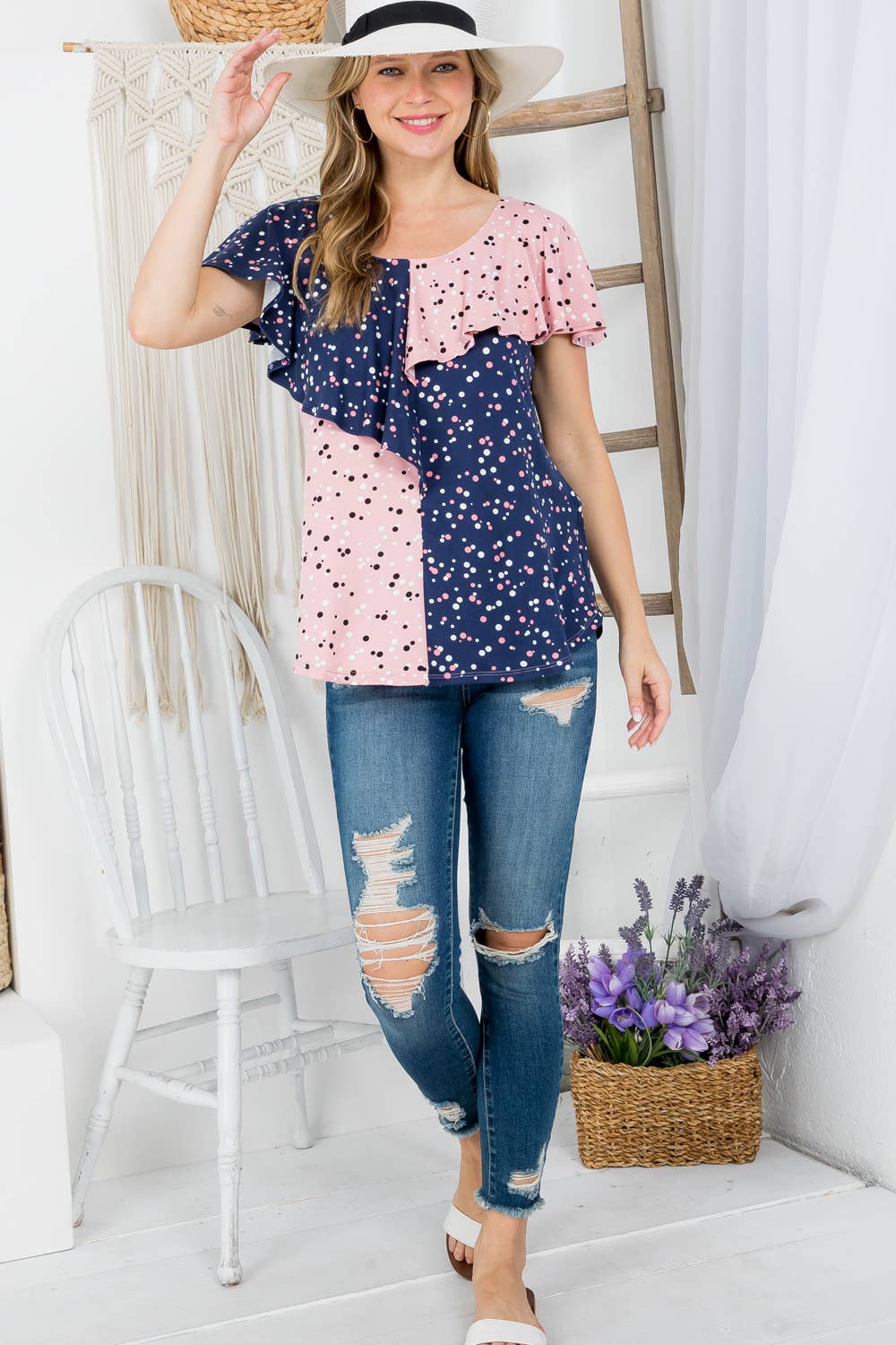 Women Multi Color Contrast Ruffle Short Sleeve Top