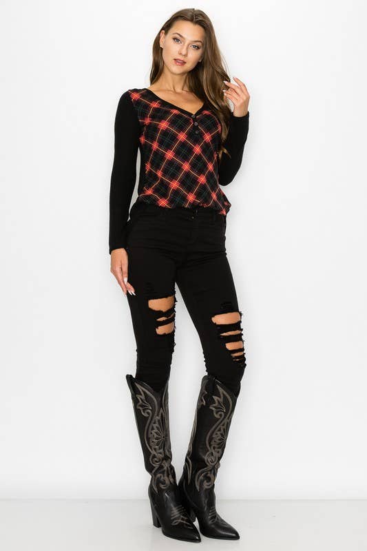 Plaid Back Detail Long Sleeve V Neck Top