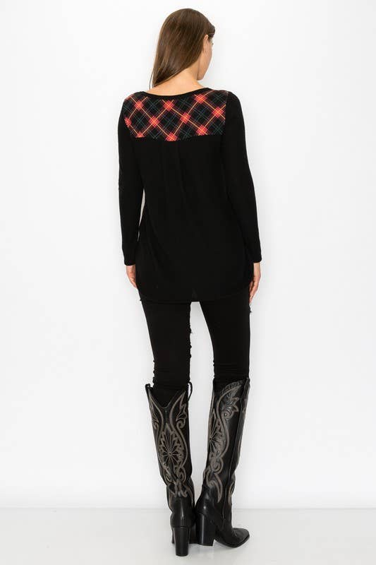 Plaid Back Detail Long Sleeve V Neck Top