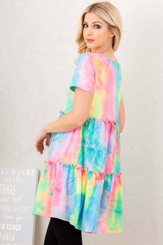 Multi Color Tie Dye Dress with Ruffled Detail
