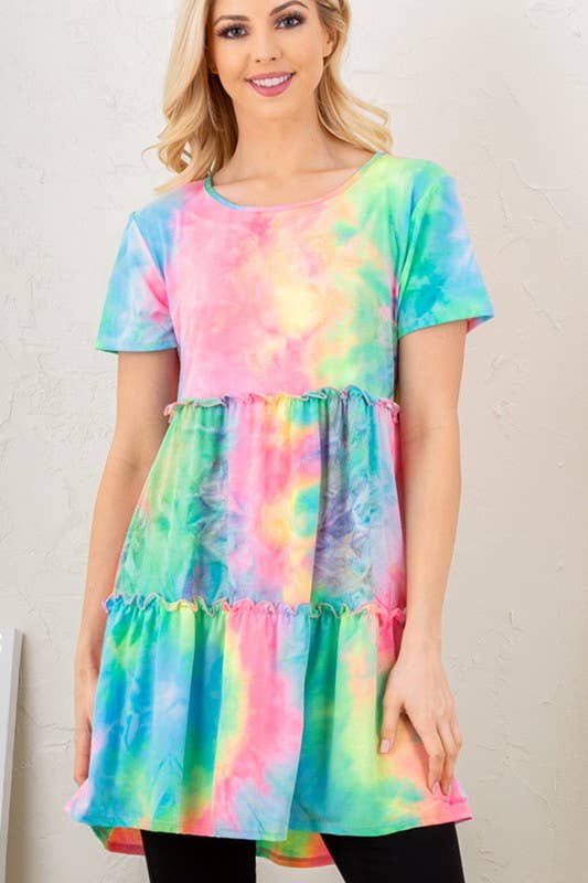 Multi Color Tie Dye Dress with Ruffled Detail