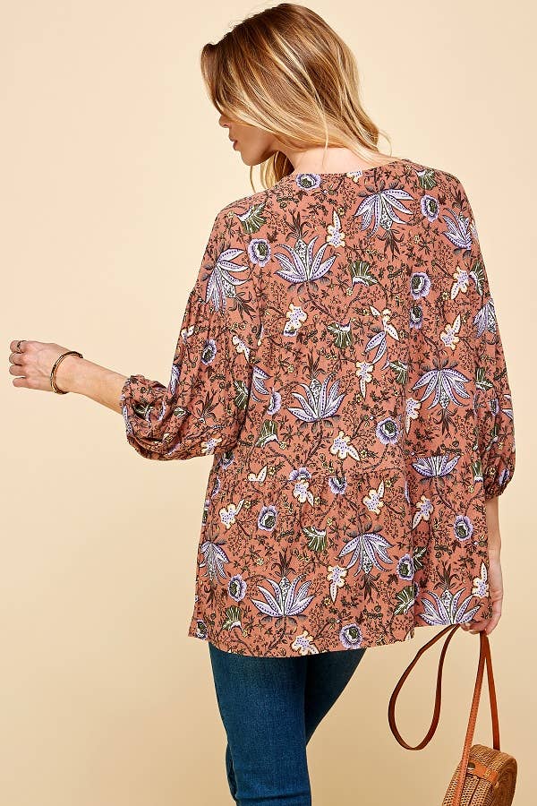 Vintage Floral Print Long Sleeve Top w/Elastic