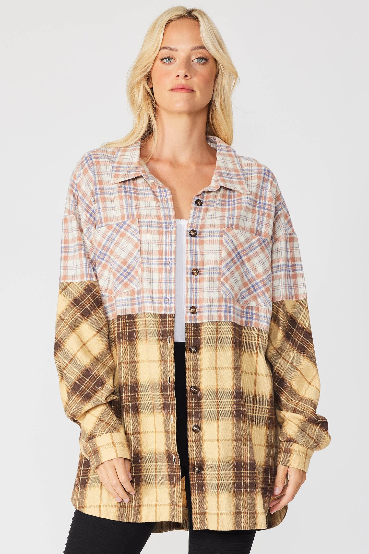 MIXED PLAID BUTTON DOWN OVERSIZED SHIRT