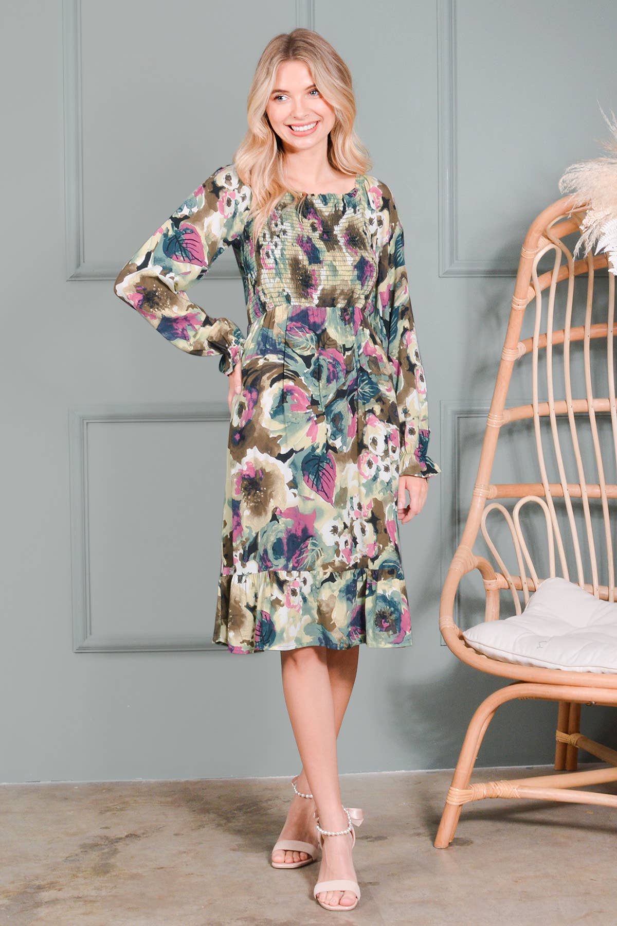Ruffle Hem Long Sleeve Dress Floral Multi Mommy & Me Matched