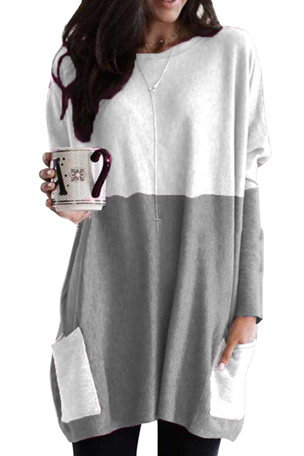 Gray Colorblock Casual Long Sleeve Tunic with Pockets