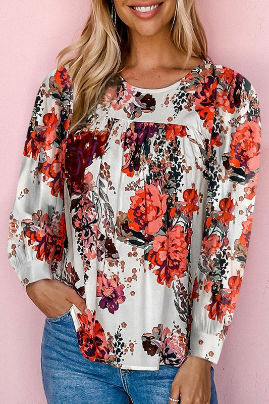 Red Retro Floral Long Sleeve Blouse