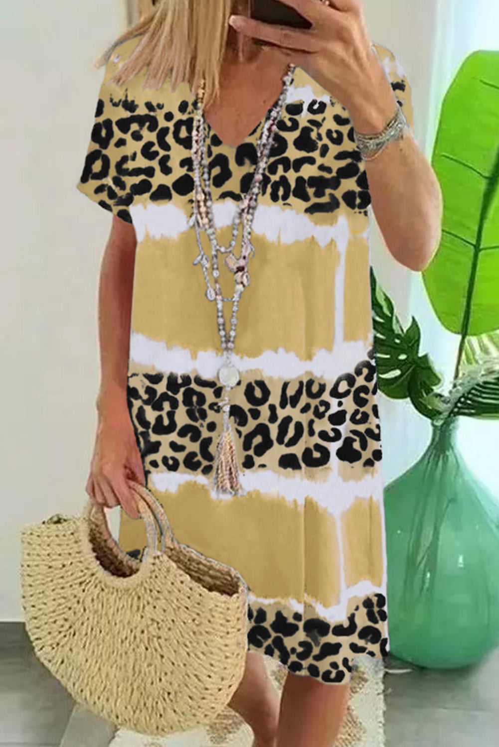 Leopard Color Block V Neck T-Shirt Dress