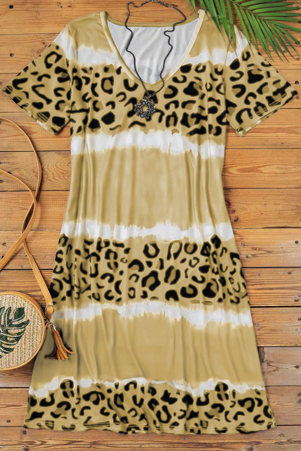 Leopard Color Block V Neck T-Shirt Dress