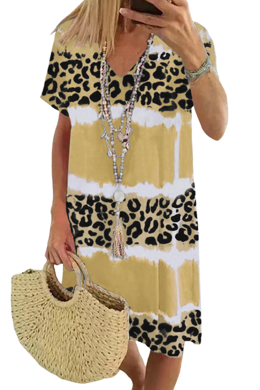 Leopard Color Block V Neck T-Shirt Dress