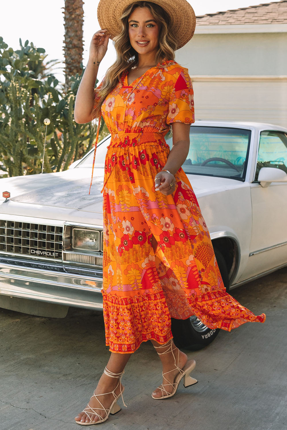 Orange Boho Floral Smocked Waist Maxi Dress with Slit XL Orange Boho Floral Smocked Waist Maxi Dress with Slit XL