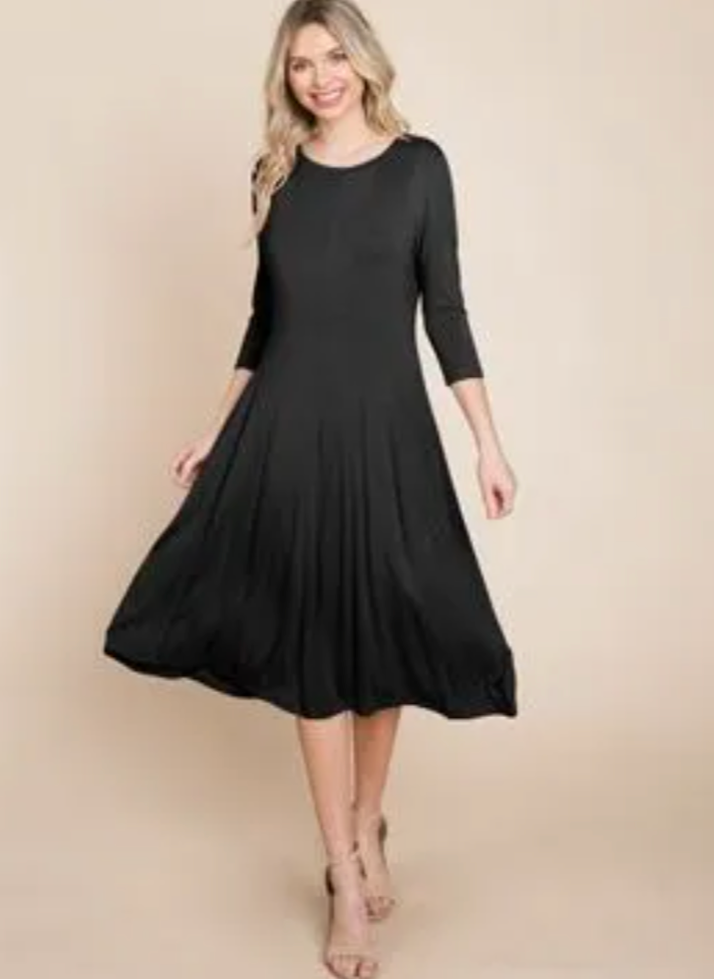 Pleated 3/4 Sleeve A line Flare Midi Jersey Dress