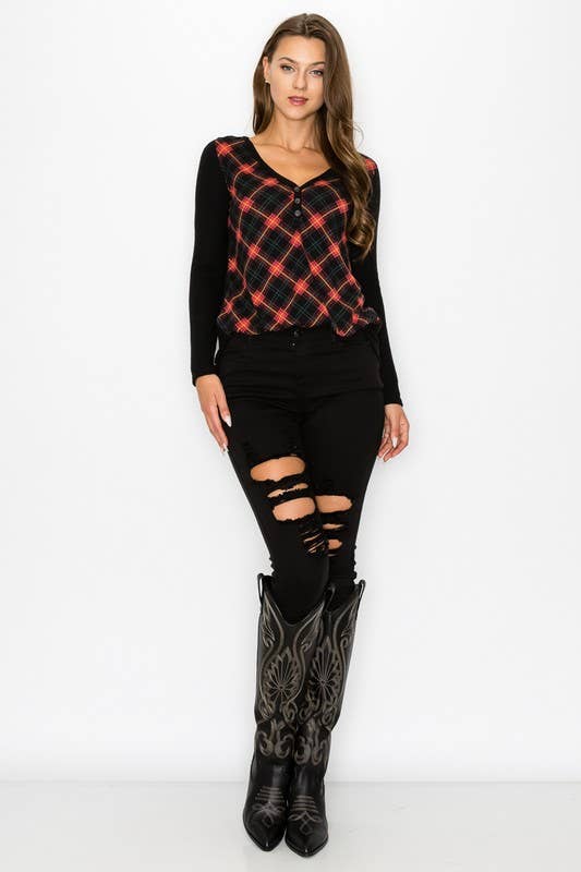 Plaid Back Detail Long Sleeve V Neck Top