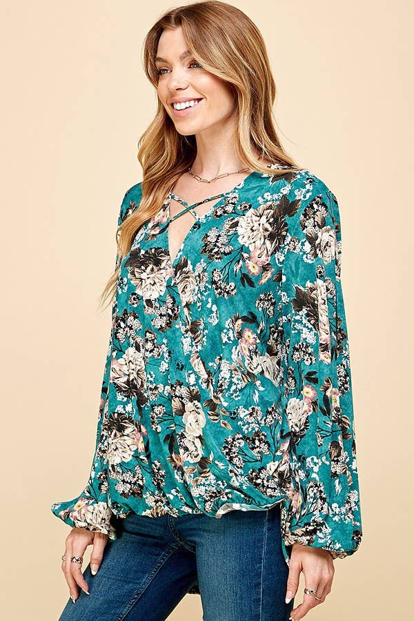 Women Floral Criss Cross Cuffed Open Sleeve Top