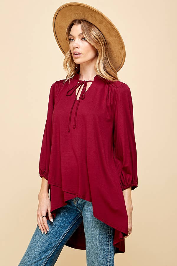 Plus Solid Collar Band Wrap Top With Tie