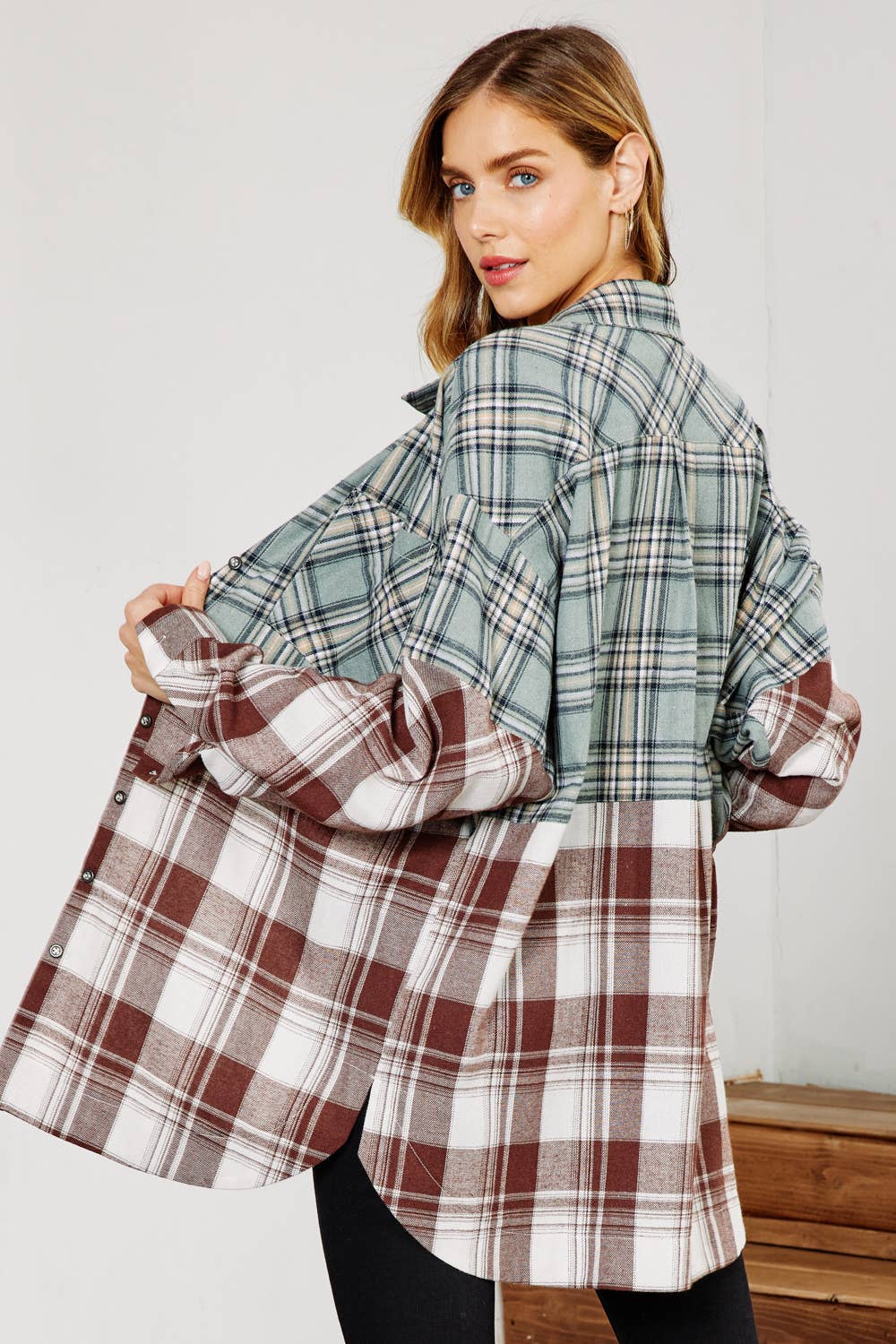 Mixed Plaid Button Down Oversized Shirt