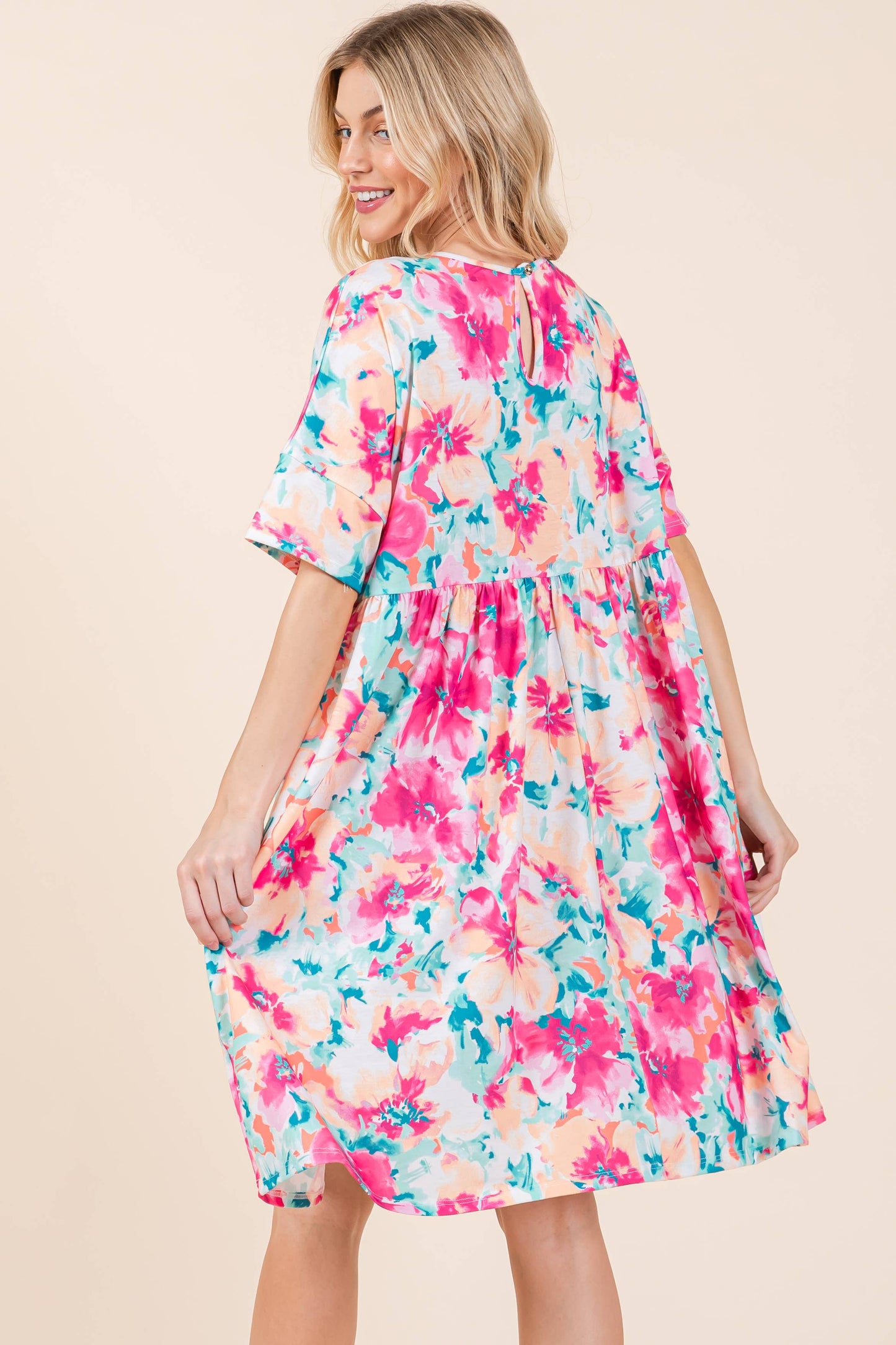 Mint-Fuschia Shirred Dress