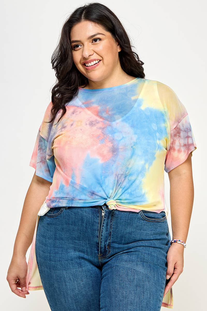 Plus Size Tie Dye Print Mesh Tee