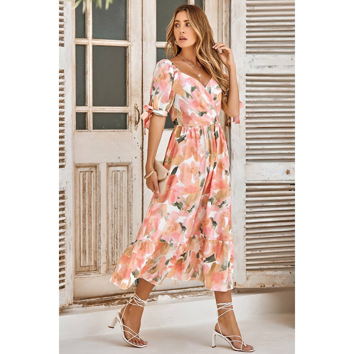 Floral Paint Short Sleeve Tie Cuff Surplice Neck Dress