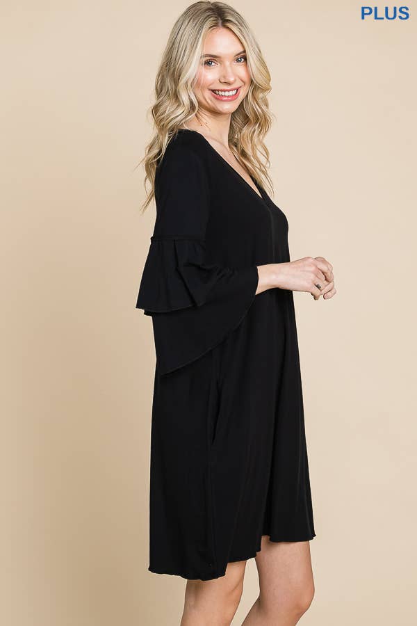 Plus Size V Neck Ruffle Sleeve A Line Dress