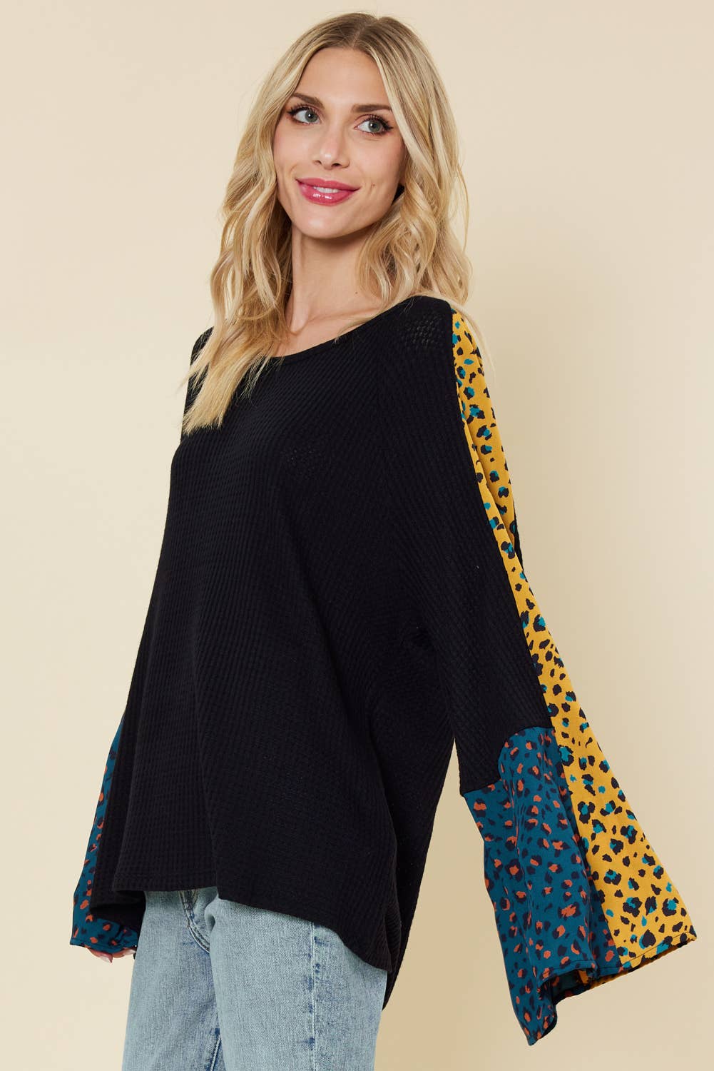 Bell sleeve top with color contrast leopard print