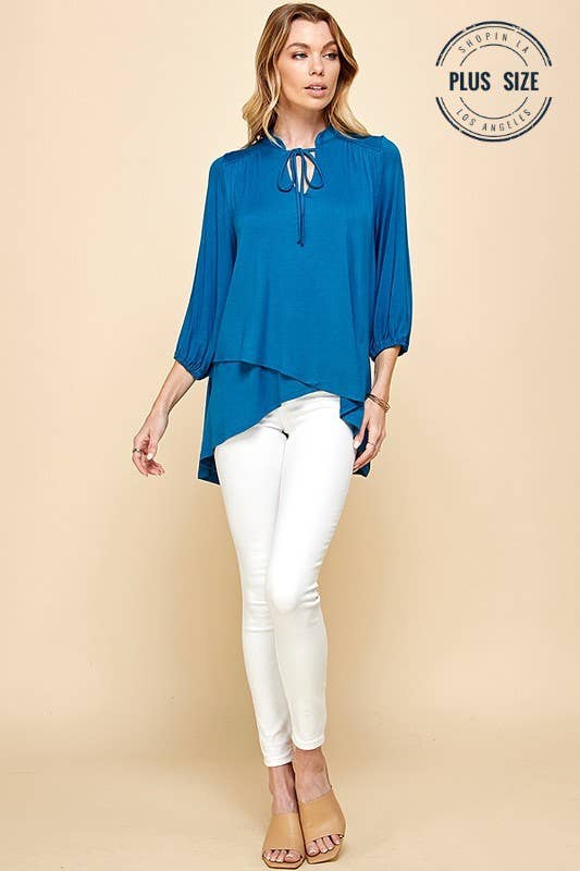Plus Solid Collar Band Wrap Top With Tie