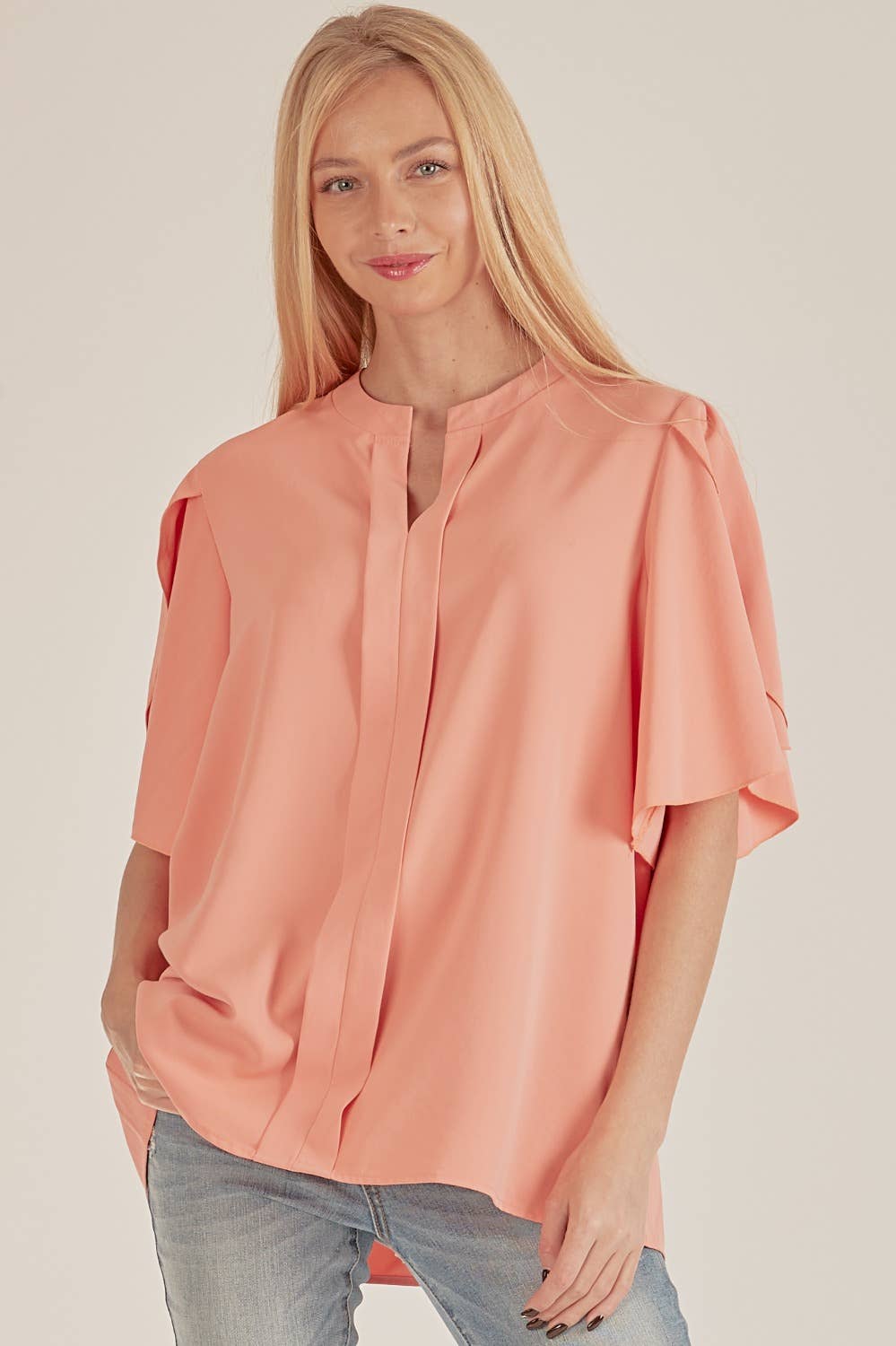 Solid Petal Flutter Sleeve Loose Blouse