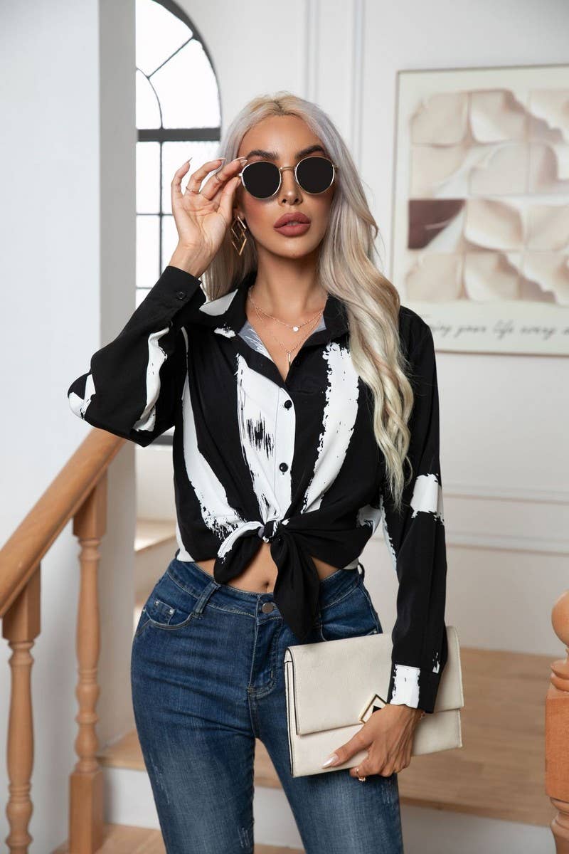 CWTBLL0695_Button Down Casual Long Sleeve Print Top