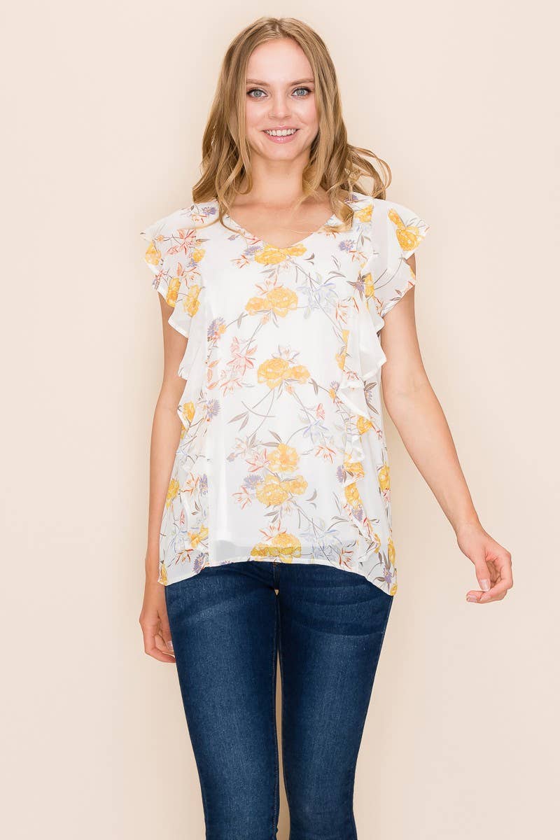 Women Floral Print Ruffle Blouse