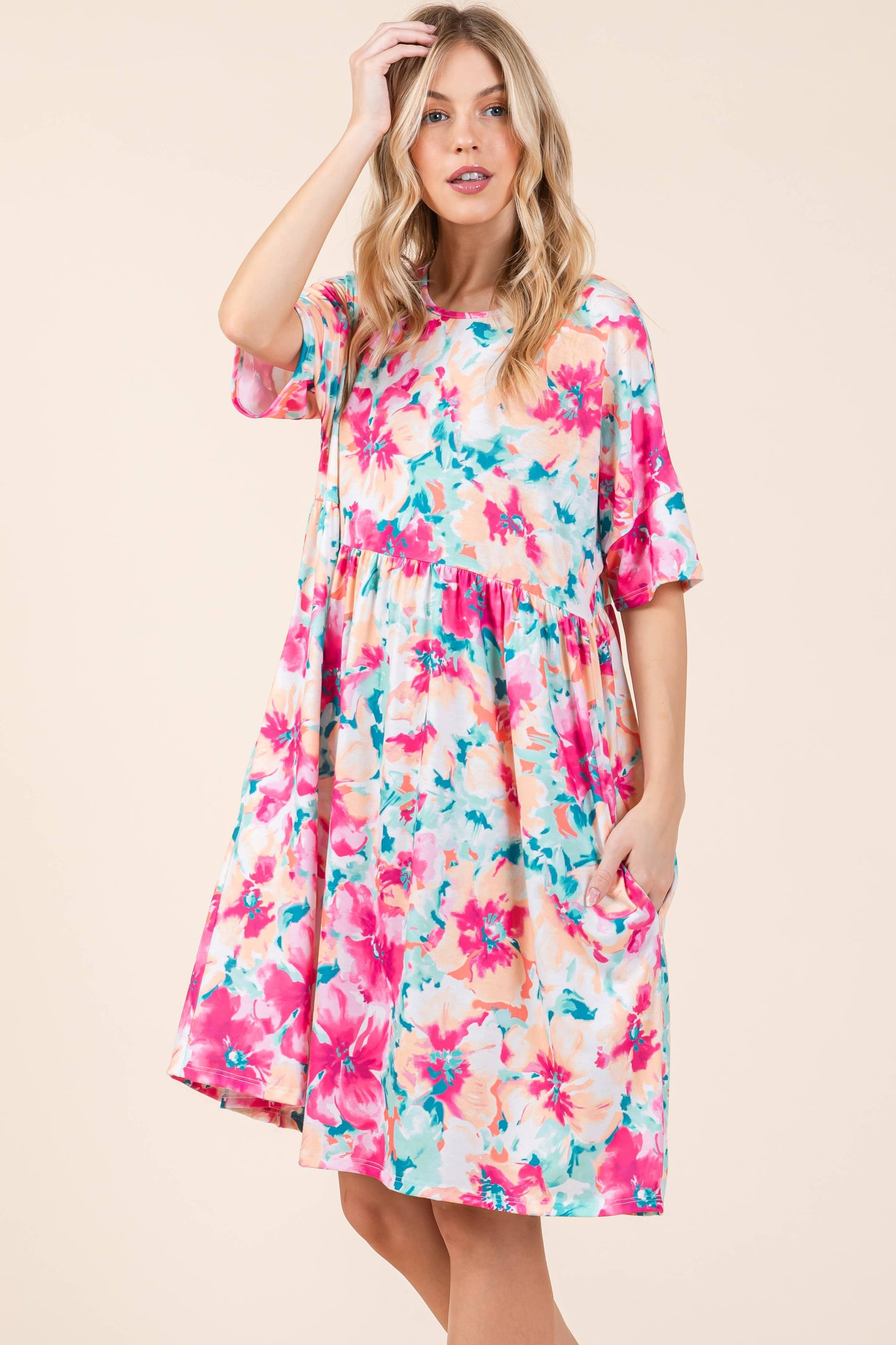 Mint-Fuschia Shirred Dress