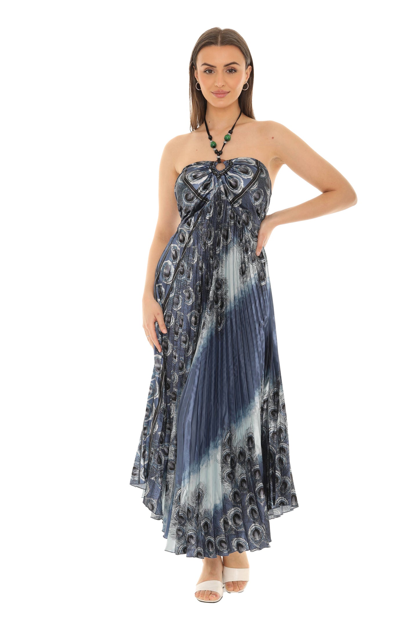 Peacock Pleated Maxi Halter Dress