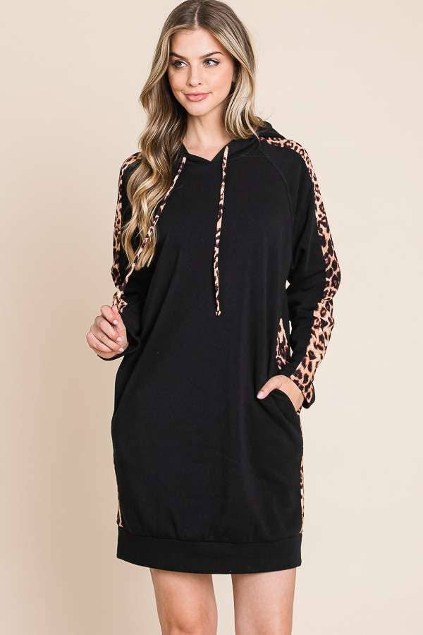 Animal Contrast Strip Hoodie Dress