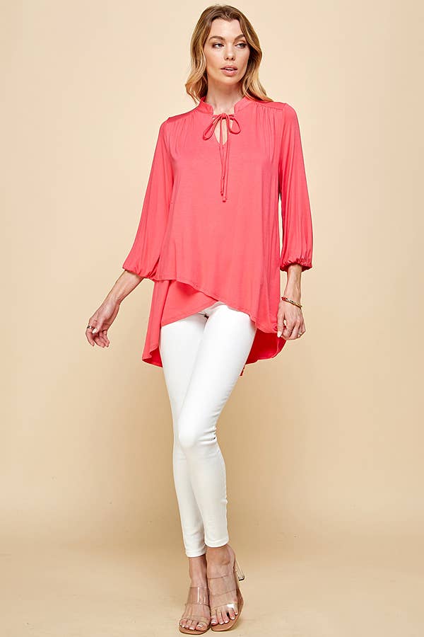 Plus Solid Collar Band Wrap Top With Tie