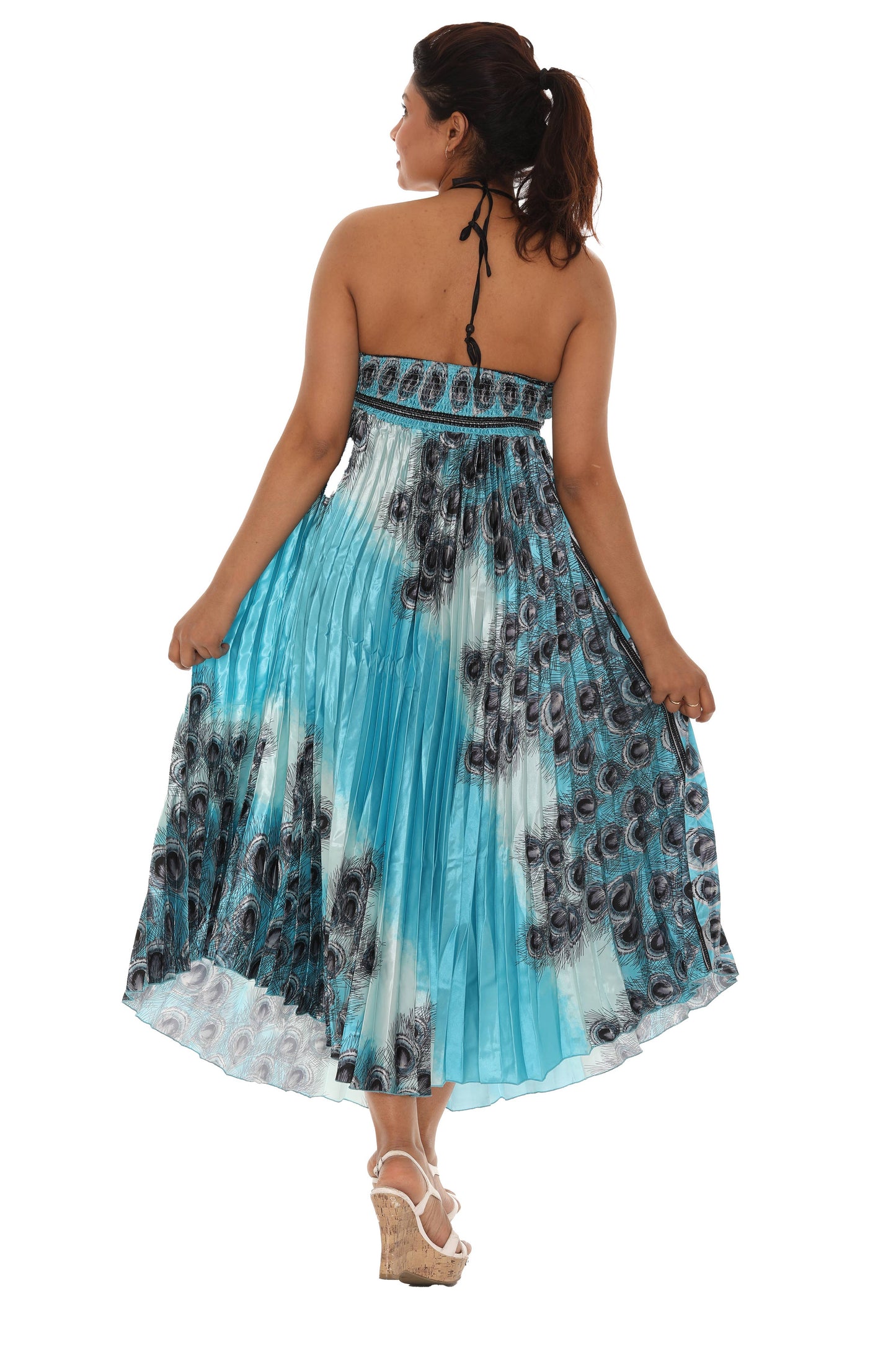 Peacock Pleated Maxi Halter Dress