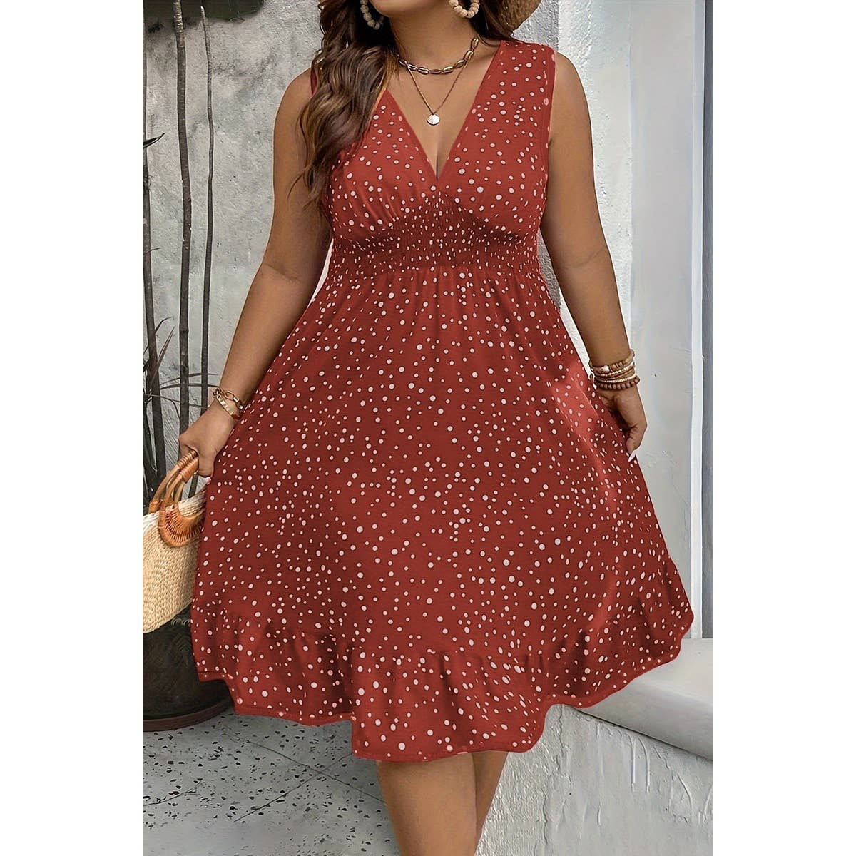 Plus Dot Print High Elastic Waist Ruffle Dress