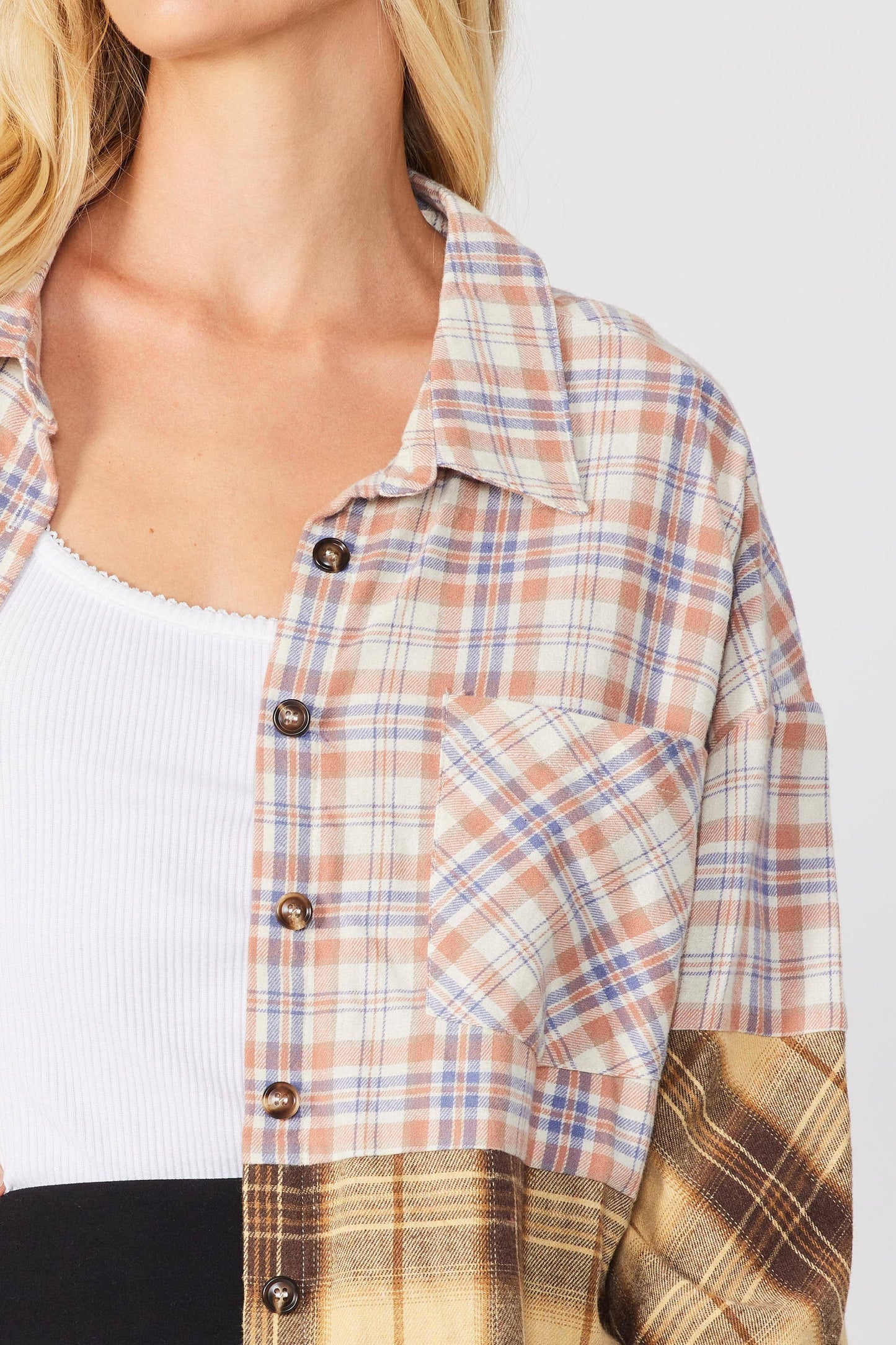 MIXED PLAID BUTTON DOWN OVERSIZED SHIRT
