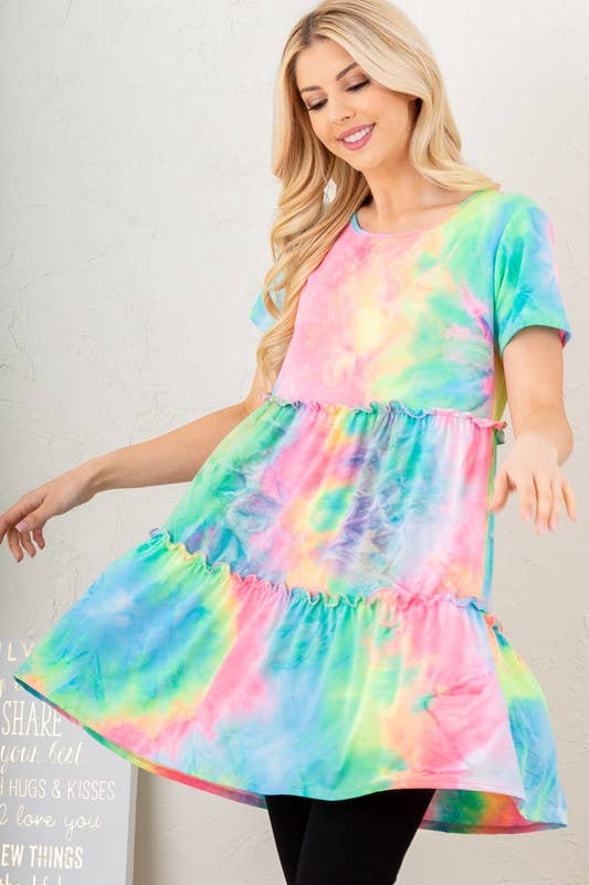 Multi Color Tie Dye Dress with Ruffled Detail